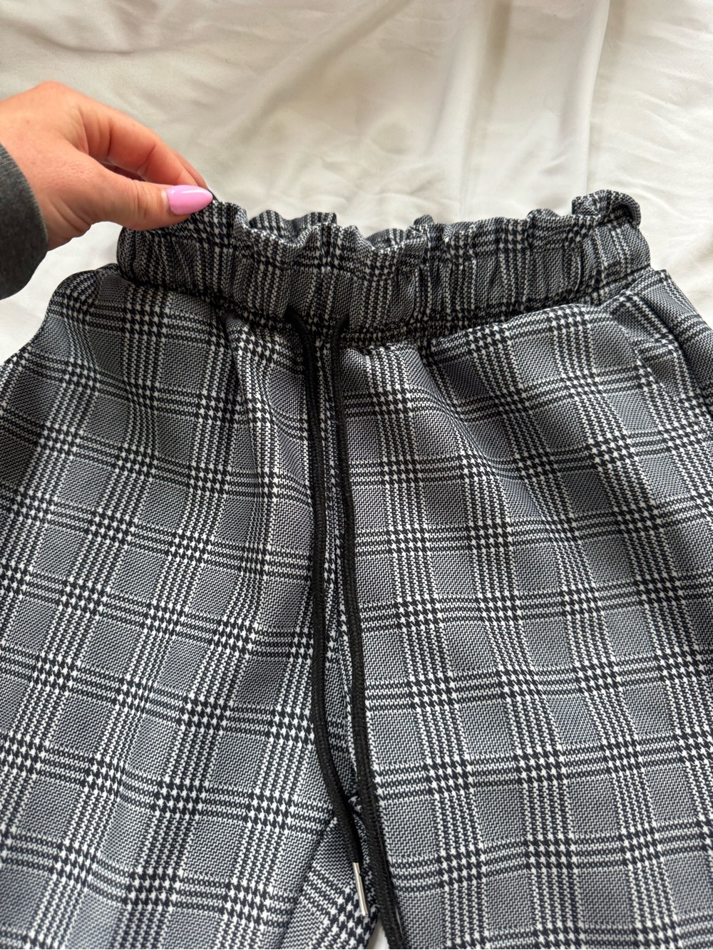 Plaid Drawstring Waist Trousers - Black & White